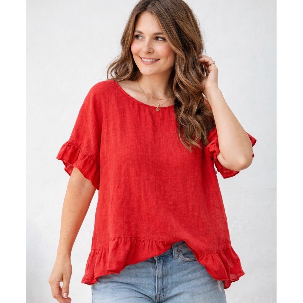 Terzo Millennio Red Linen Ruffle Hem Top Made in Italy Boho Relaxed Fit Medium